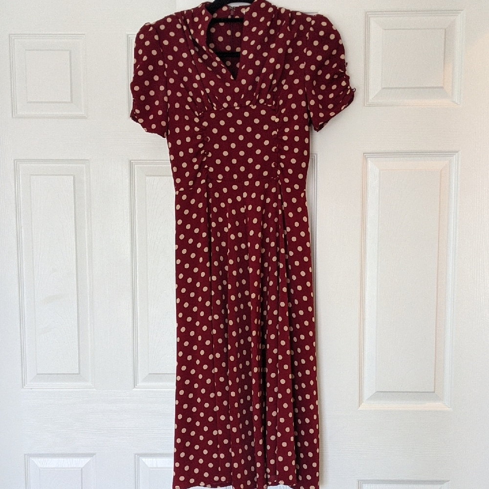 Unique Vintage Red and Cream Puff Sleeve Midi Dress